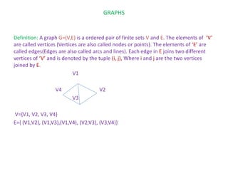GRAPHS
Definition: A graph G=(V,E) is a ordered pair of finite sets V and E. The elements of ‘V’
are called vertices (Vertices are also called nodes or points). The elements of ‘E’ are
called edges(Edges are also called arcs and lines). Each edge in E joins two different
vertices of ‘V’ and is denoted by the tuple (i, j), Where i and j are the two vertices
joined by E.
V1
V4 V2
V3
V={V1, V2, V3, V4}
E={ (V1,V2), (V1,V3),(V1,V4), (V2,V3), (V3,V4)}
 