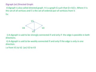 Digraph (or) Directed Graph:
A digraph is also called directed graph. It is a graph G such that G=<V,E>, Where V is
the set of all vertices and E is the set of ordered pair of verticies from V.
Ex:
V1
V4 V2
V3
i) A digraph is said to be strongly connected if and only if the edge is possible in both
directions.
ii) A digraph is said to be weekly connected if and only if the edge is only in one
direction.
i.e from V1 to V2 (or) V2 to V3
 