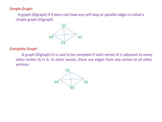 Simple Graph:
A graph (Digraph) if it does not have any self loop or parallel edges is called a
simple graph (Digraph)
V1
V4 V2
V3
Complete Graph:
A graph (Digraph) G is said to be complete if each vertex Vi is adjacent to every
other vertex Vj in G. In other words, there are edges from any vertex to all other
vertices.
V1
V4 V2
V3
 
