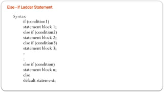 Else - if Ladder Statement
Syntax
if (condition1)
statement block 1;
else if (condition2)
statement block 2;
else if (condition3)
statement block 3;
:
:
else if (condition)
statement block n;
else
default statement;
 