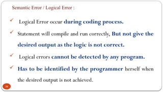 Semantic Error / Logical Error :
 Logical Error occur during coding process.
 Statement will compile and run correctly, But not give the
desired output as the logic is not correct.
 Logical errors cannot be detected by any program.
 Has to be identified by the programmer herself when
the desired output is not achieved.
38
 