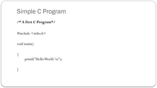 Simple C Program
/* A first C Program*/
#include <stdio.h>
void main()
{
printf("HelloWorld n");
}
 