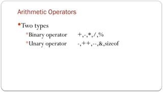 Arithmetic Operators
Two types
Binary operator +,-,*,/,%
Unary operator -,++,--,&,sizeof
 