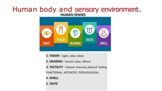 Human body and sensory environment.
HUMAN SENSES
1. VISION - Light, color, views
2. HEARING - Sound, noise, silence
3. TACTILITY - Texture, thermal, physical feeling
FUNCTIONAL, AESTHETIC, PSYCHOLOGICAL.
4. SMELL
5. TASTE
 