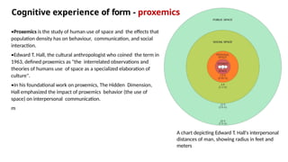 A chart depicting Edward T. Hall's interpersonal
distances of man, showing radius in feet and
meters
•Proxemics is the study of human use of space and the effects that
population density has on behaviour, communication, and social
interaction.
•Edward T. Hall, the cultural anthropologist who coined the term in
1963, defined proxemics as "the interrelated observations and
theories of humans use of space as a specialized elaboration of
culture".
•In his foundational work on proxemics, The Hidden Dimension,
Hall emphasized the impact of proxemics behavior (the use of
space) on interpersonal communication.
m
Cognitive experience of form - proxemics
 