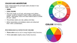 COLOUR AND ARCHITECTURE
Color wheel shows the principal colors divided in two
major segments
• WARM
• COOL COLORS.
• The area made up of red, red-orange and yellow-
orange is said to consist of warm colors, yellow-green,
green, blue-green, blue and blue-violet is said to consist
of cool colors.
• The primary colors are red, yellow and blue.
• Other (secondary and tertiary) colors are obtained
from their combination.
PSYCHOLOGICAL EFFECTS OF COLORS
• Warm colors such as red or orange heighten body functions,
• While cool colors slightly reduce bodily functions.
 