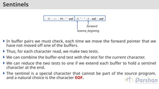 Sentinels
 In buffer pairs we must check, each time we move the forward pointer that we
have not moved off one of the buffers.
 Thus, for each character read, we make two tests.
 We can combine the buffer-end test with the test for the current character.
 We can reduce the two tests to one if we extend each buffer to hold a sentinel
character at the end.
 The sentinel is a special character that cannot be part of the source program,
and a natural choice is the character EOF.
: : E : : = : : Mi : * : eof : C: * : * : 2 : eof : : eof
forward
lexeme_beginnig
 