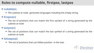 Rules to compute nullable, firstpos, lastpos
 nullable(n)
 The subtree at node generates languages including the empty string.
 firstpos(n)
 The set of positions that can match the first symbol of a string generated by the
subtree at node
 lastpos(n)
 The set of positions that can match the last symbol of a string generated be the
subtree at node
 followpos(i)
 The set of positions that can follow position in the tree.
 