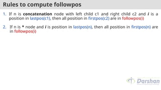 Rules to compute followpos
1. If n is concatenation node with left child c1 and right child c2 and i is a
position in lastpos(c1), then all position in firstpos(c2) are in followpos(i)
2. If n is * node and i is position in lastpos(n), then all position in firstpos(n) are
in followpos(i)
 