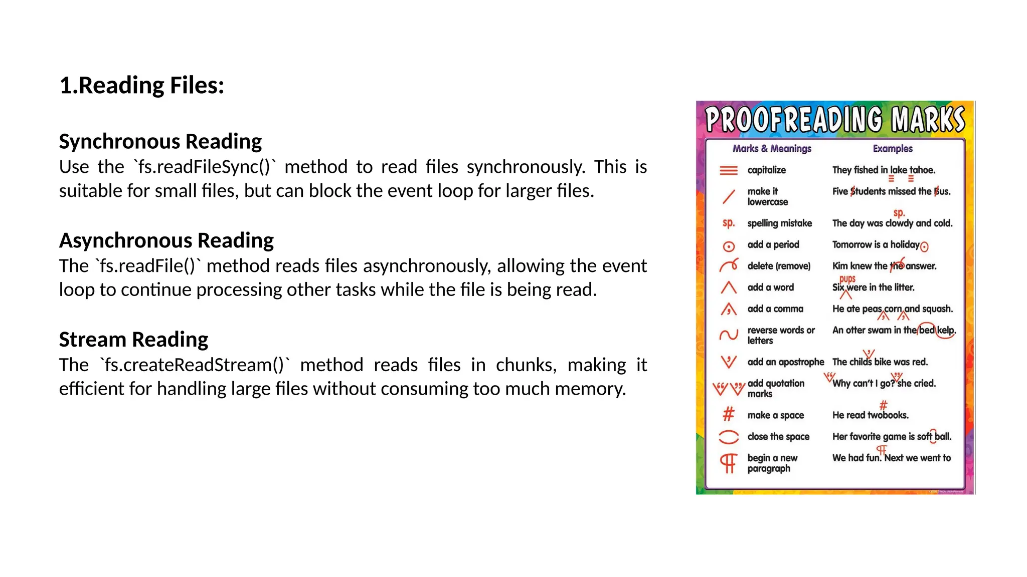 1.Reading Files: Synchronous Reading Use the `fs.readFileSync()` method to read files synchronously. This is suitable for small files, but can block the event loop for larger files. Asynchronous Reading The `fs.readFile()` method reads files asynchronously, allowing the event loop to continue processing other tasks while the file is being read. Stream Reading The `fs.createReadStream()` method reads files in chunks, making it efficient for handling large files without consuming too much memory. 