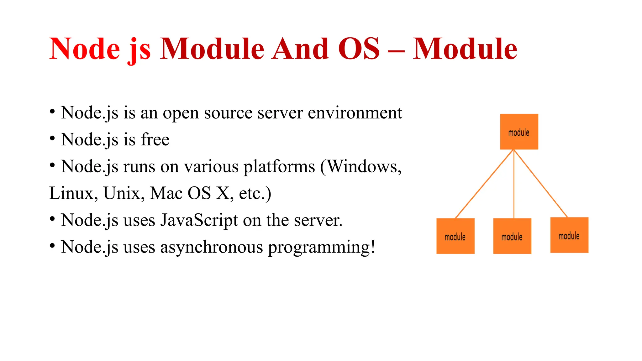 Node js Module And OS – Module • Node.js is an open source server environment • Node.js is free • Node.js runs on various platforms (Windows, Linux, Unix, Mac OS X, etc.) • Node.js uses JavaScript on the server. • Node.js uses asynchronous programming! 