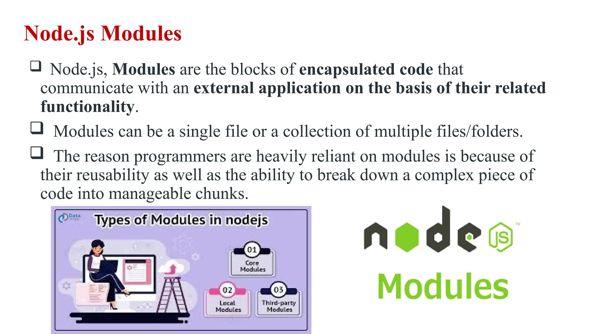 Node.js Modules  Node.js, Modules are the blocks of encapsulated code that communicate with an external application on the basis of their related functionality.  Modules can be a single file or a collection of multiple files/folders.  The reason programmers are heavily reliant on modules is because of their reusability as well as the ability to break down a complex piece of code into manageable chunks. 