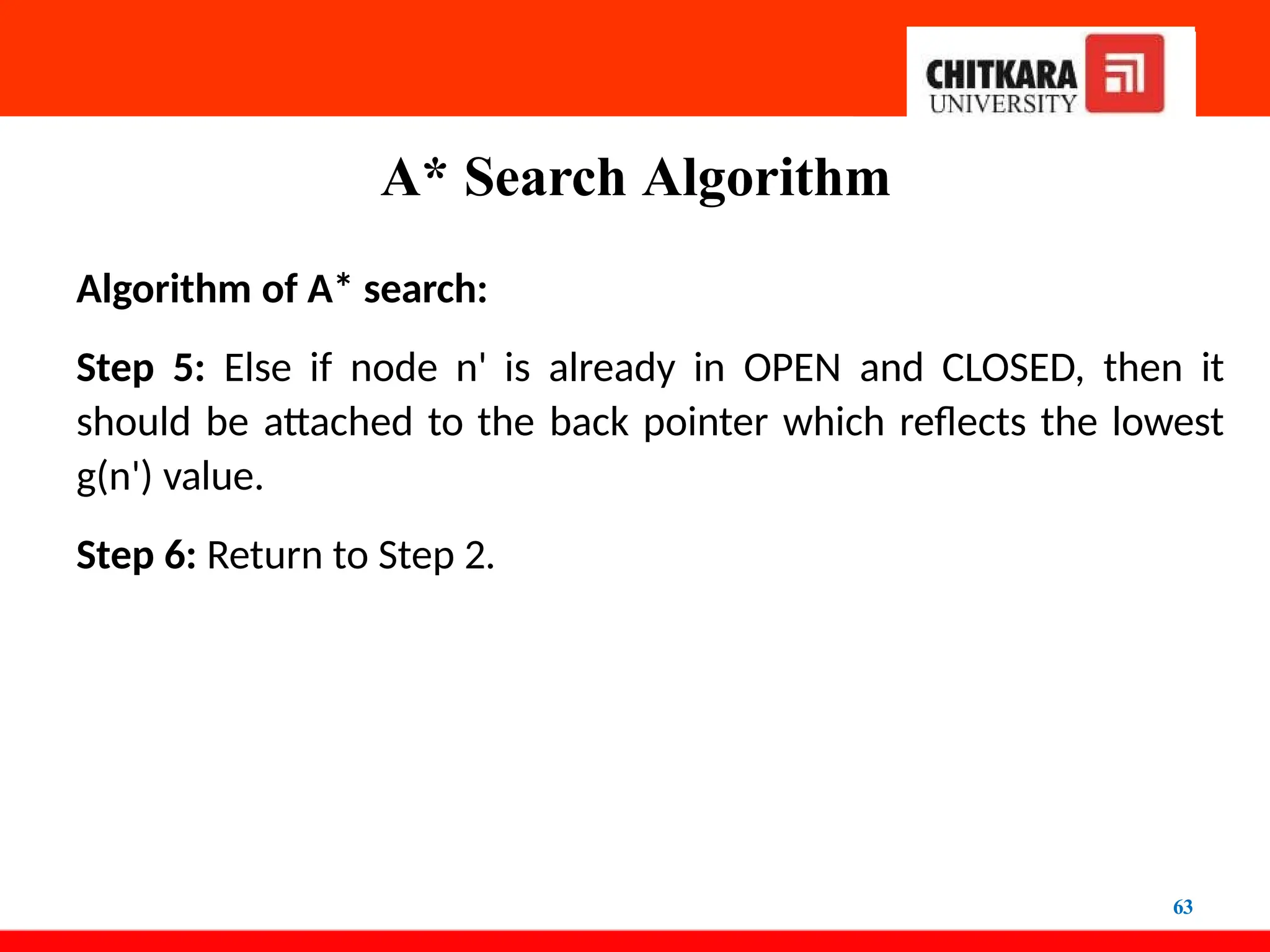 A* Search Algorithm
63
Algorithm of A* search:
Step 5: Else if node n' is already in OPEN and CLOSED, then it
should be attached to the back pointer which reflects the lowest
g(n') value.
Step 6: Return to Step 2.
 