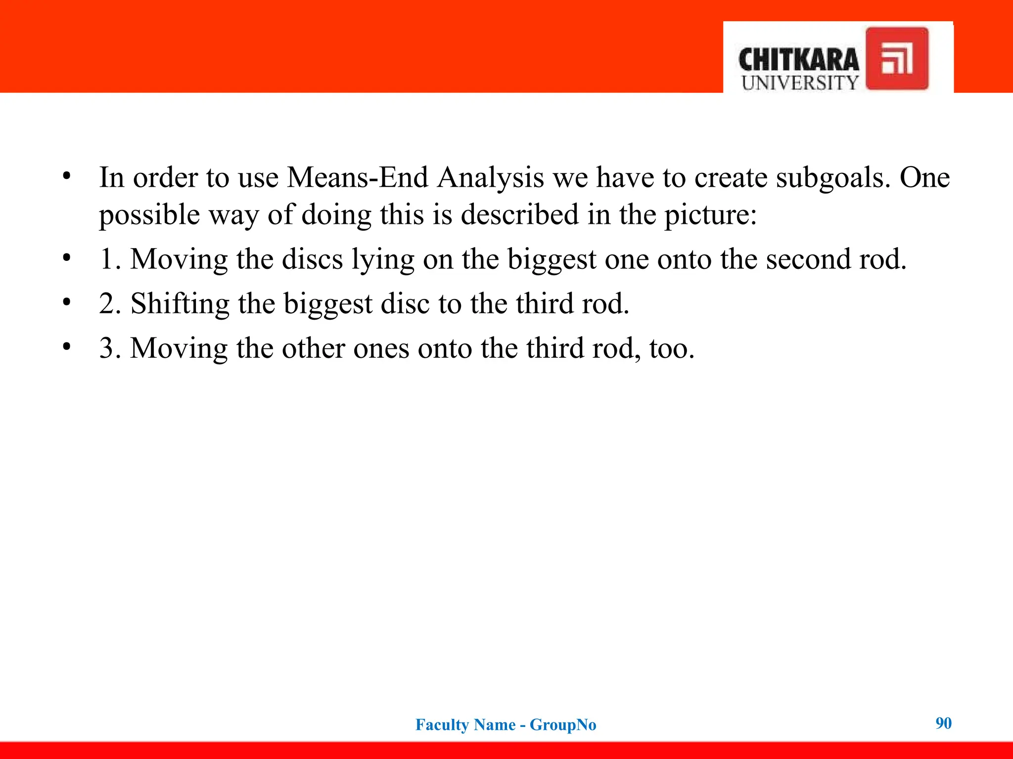 • In order to use Means-End Analysis we have to create subgoals. One
possible way of doing this is described in the picture:
• 1. Moving the discs lying on the biggest one onto the second rod.
• 2. Shifting the biggest disc to the third rod.
• 3. Moving the other ones onto the third rod, too.
Faculty Name - GroupNo 90
 