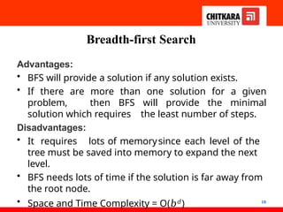 Breadth-first Search
18
Advantages:
• BFS will provide a solution if any solution exists.
• If there are more than one solution for a given
problem, then BFS will provide the minimal
solution which requires the least number of steps.
Disadvantages:
• It requires lots of memorysince each level of the
tree must be saved into memory to expand the next
level.
• BFS needs lots of time if the solution is far away from
the root node.
• Space and Time Complexity = O(𝑏𝑑)
 