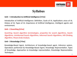 Syllabus
2
Unit - 1 Introduction to Artificial Intelligence [4 hrs]
Introduction of Artificial Intelligence: Definition, Goals of AI, Applications areas of AI,
History of AI, Types of AI, Importance of Artificial Intelligence, Intelligent agents and
environment.
Unit - 2 Searching [6 hrs]
Searching: Search algorithm terminologies, properties for search algorithms, Search
Algorithms, Uninformed Search Algorithms, Informed Search Algorithms, Hill Climbing
Algorithm, Means-Ends Analysis.
Unit - 3 Knowledge [9 hrs]
Knowledge-Based Agent, Architecture of knowledge-based agent, Inference system,
Operations performed by Knowledge-Based Agent, Knowledge Representation, Types
of Knowledge, Approaches to knowledge representation, Knowledge Representation
Techniques.
 