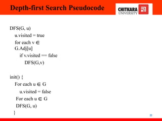 Depth-first Search Pseudocode
22
DFS(G, u)
u.visited = true
for each v ∈
G.Adj[u]
if v.visited == false
DFS(G,v)
init() {
For each u ∈ G
u.visited = false
For each u ∈ G
DFS(G, u)
}
 