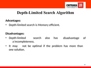 Depth-Limited Search Algorithm
26
Advantages:
• Depth-limited search is Memory efficient.
Disadvantages:
• Depth-limited search also has
a incompleteness.
disadvantage of
• It may not be optimal if the problem has more than
one solution.
 