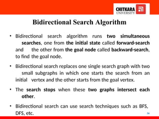 Bidirectional Search Algorithm
34
• Bidirectional search algorithm runs two simultaneous
searches, one from the initial state called forward-search
and the other from the goal node called backward-search,
to find the goal node.
• Bidirectional search replaces one single search graph with two
small subgraphs in which one starts the search from an
initial vertex and the other starts from the goal vertex.
• The search stops when these two graphs intersect each
other.
• Bidirectional search can use search techniques such as BFS,
DFS, etc.
 