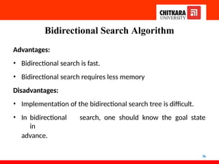 Bidirectional Search Algorithm
36
Advantages:
• Bidirectional search is fast.
• Bidirectional search requires less memory
Disadvantages:
• Implementation of the bidirectional search tree is difficult.
• In bidirectional search, one should know the goal state
in
advance.
 