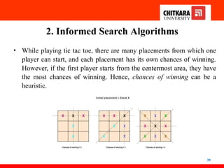 2. Informed Search Algorithms
• While playing tic tac toe, there are many placements from which one
player can start, and each placement has its own chances of winning.
However, if the first player starts from the centermost area, they have
the most chances of winning. Hence, chances of winning can be a
heuristic.
39
 