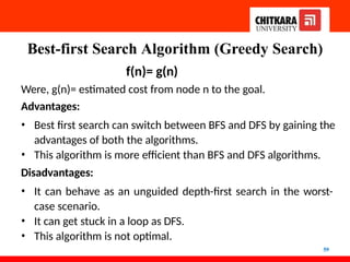 Best-first Search Algorithm (Greedy Search)
59
f(n)= g(n)
Were, g(n)= estimated cost from node n to the goal.
Advantages:
• Best first search can switch between BFS and DFS by gaining the
advantages of both the algorithms.
• This algorithm is more efficient than BFS and DFS algorithms.
Disadvantages:
• It can behave as an unguided depth-first search in the worst-
case scenario.
• It can get stuck in a loop as DFS.
• This algorithm is not optimal.
 