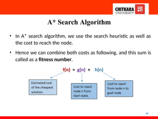 A* Search Algorithm
61
• In A* search algorithm, we use the search heuristic as well as
the cost to reach the node.
• Hence we can combine both costs as following, and this sum is
called as a fitness number.
 