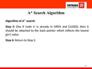 A* Search Algorithm
63
Algorithm of A* search:
Step 5: Else if node n' is already in OPEN and CLOSED, then it
should be attached to the back pointer which reflects the lowest
g(n') value.
Step 6: Return to Step 2.
 