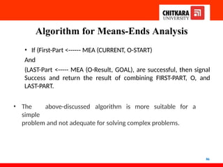 Algorithm for Means-Ends Analysis
86
• If (First-Part <------ MEA (CURRENT, O-START)
And
(LAST-Part <----- MEA (O-Result, GOAL), are successful, then signal
Success and return the result of combining FIRST-PART, O, and
LAST-PART.
• The above-discussed algorithm is more suitable for a
simple
problem and not adequate for solving complex problems.
 