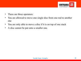 • There are three operators:
• You are allowed to move one single disc from one rod to another
one
• You are only able to move a disc if it is on top of one stack
• A disc cannot be put onto a smaller one.
Faculty Name - GroupNo 89
 