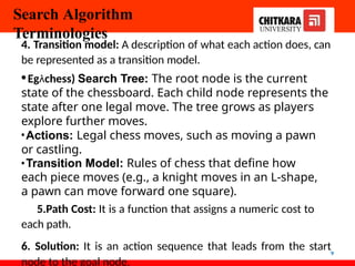 Search Algorithm
Terminologies
node to the goal node.
9
4. Transition model: A description of what each action does, can
be represented as a transition model.
•Egchess) Search Tree: The root node is the current
state of the chessboard. Each child node represents the
state after one legal move. The tree grows as players
explore further moves.
•Actions: Legal chess moves, such as moving a pawn
or castling.
•Transition Model: Rules of chess that define how
each piece moves (e.g., a knight moves in an L-shape,
a pawn can move forward one square).
5.Path Cost: It is a function that assigns a numeric cost to
each path.
6. Solution: It is an action sequence that leads from the start
 