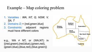 Example – Map coloring problem
1. Variables : WA, NT, Q, NSW, V,
SA, T
2. Domains Di = {red,green,blue}
3. Constraints: adjacent regions
must have different colors
e.g., WA ≠ NT, or (WA,NT) in
{(red,green),(red,blue),(green,red),
(green,blue),(blue,red),(blue,green)}
 