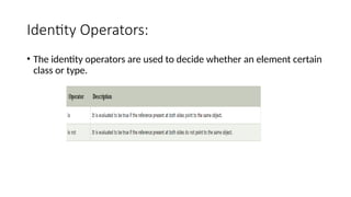 Identity Operators:
• The identity operators are used to decide whether an element certain
class or type.
 