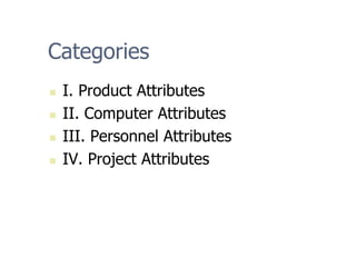 Categories
„ I. Product Attributes
„ II. Computer Attributes
„ III. Personnel Attributes
„ IV. Project Attributes
 