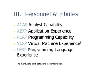 III. Personnel Attributes
„ ACAP Analyst Capability
„ AEXP Application Experience
„ PCAP Programming Capability
„ VEXP Virtual Machine Experience1
„ LEXP Programming Language
Experience
1The hardware and software in combination.
 