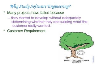 Why Study Software Engineering?
• Many projects have failed because
– they started to develop without adequately
determining whether they are building what the
customer really wanted.
• Customer Requirement
 