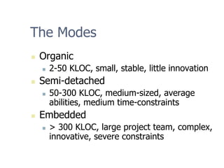 The Modes
„ Organic
„ 2-50 KLOC, small, stable, little innovation
„ Semi-detached
„ 50-300 KLOC, medium-sized, average
abilities, medium time-constraints
„ Embedded
„ > 300 KLOC, large project team, complex,
innovative, severe constraints
 