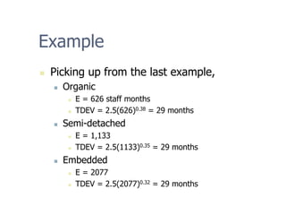 Example
„ Picking up from the last example,
„ Organic
„ E = 626 staff months
„ TDEV = 2.5(626)0.38 = 29 months
„ Semi-detached
„ E = 1,133
„ TDEV = 2.5(1133)0.35 = 29 months
„ Embedded
„ E = 2077
„ TDEV = 2.5(2077)0.32 = 29 months
 