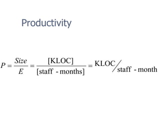 Productivity
month
-
staff
KLOC
months]
-
[staff
[KLOC]
=
=
=
E
Size
P
 