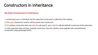 Constructors in inheritance
Key Rules of Constructors in Inheritance
1. Constructors are not inherited, but the superclass constructor is called from the subclass.
2. The super() keyword is used to call the parent class constructor.
3. If a subclass constructor does not explicitly call super(), Java implicitly calls the default constructor of the superclass.
4. If the superclass does not have a default constructor, then the subclass must explicitly call a parameterized
constructor using super(arguments).
 
