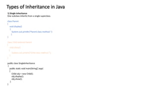 Types of Inheritance in Java
1) Single Inheritance
One subclass inherits from a single superclass.
class Parent
{
void display()
{
System.out.println("Parent class method.");
}
}
class Child extends Parent
{
void show()
{
System.out.println("Child class method.");
}
}
public class SingleInheritance
{
public static void main(String[] args)
{
Child obj = new Child();
obj.display();
obj.show();
}
}
 