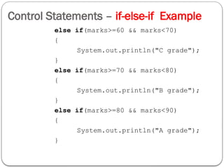 Control Statements – if-else-if Example
else if(marks>=60 && marks<70)
{
System.out.println("C grade");
}
else if(marks>=70 && marks<80)
{
System.out.println("B grade");
}
else if(marks>=80 && marks<90)
{
System.out.println("A grade");
}
 