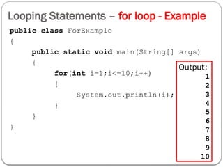 Looping Statements – for loop - Example
public class ForExample
{
public static void main(String[] args)
{
for(int i=1;i<=10;i++)
{
System.out.println(i);
}
}
}
Output:
1
2
3
4
5
6
7
8
9
10
 