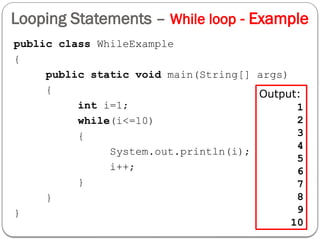 Looping Statements – While loop - Example
public class WhileExample
{
public static void main(String[] args)
{
int i=1;
while(i<=10)
{
System.out.println(i);
i++;
}
}
}
Output:
1
2
3
4
5
6
7
8
9
10
 