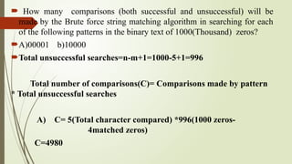  How many comparisons (both successful and unsuccessful) will be
made by the Brute force string matching algorithm in searching for each
of the following patterns in the binary text of 1000(Thousand) zeros?
A)00001 b)10000
Total unsuccessful searches=n-m+1=1000-5+1=996
Total number of comparisons(C)= Comparisons made by pattern
* Total unsuccessful searches
A) C= 5(Total character compared) *996(1000 zeros-
4matched zeros)
C=4980
 