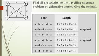 Find all the solution to the travelling salesman
problem by exhaustive search. Give the optimal.
 