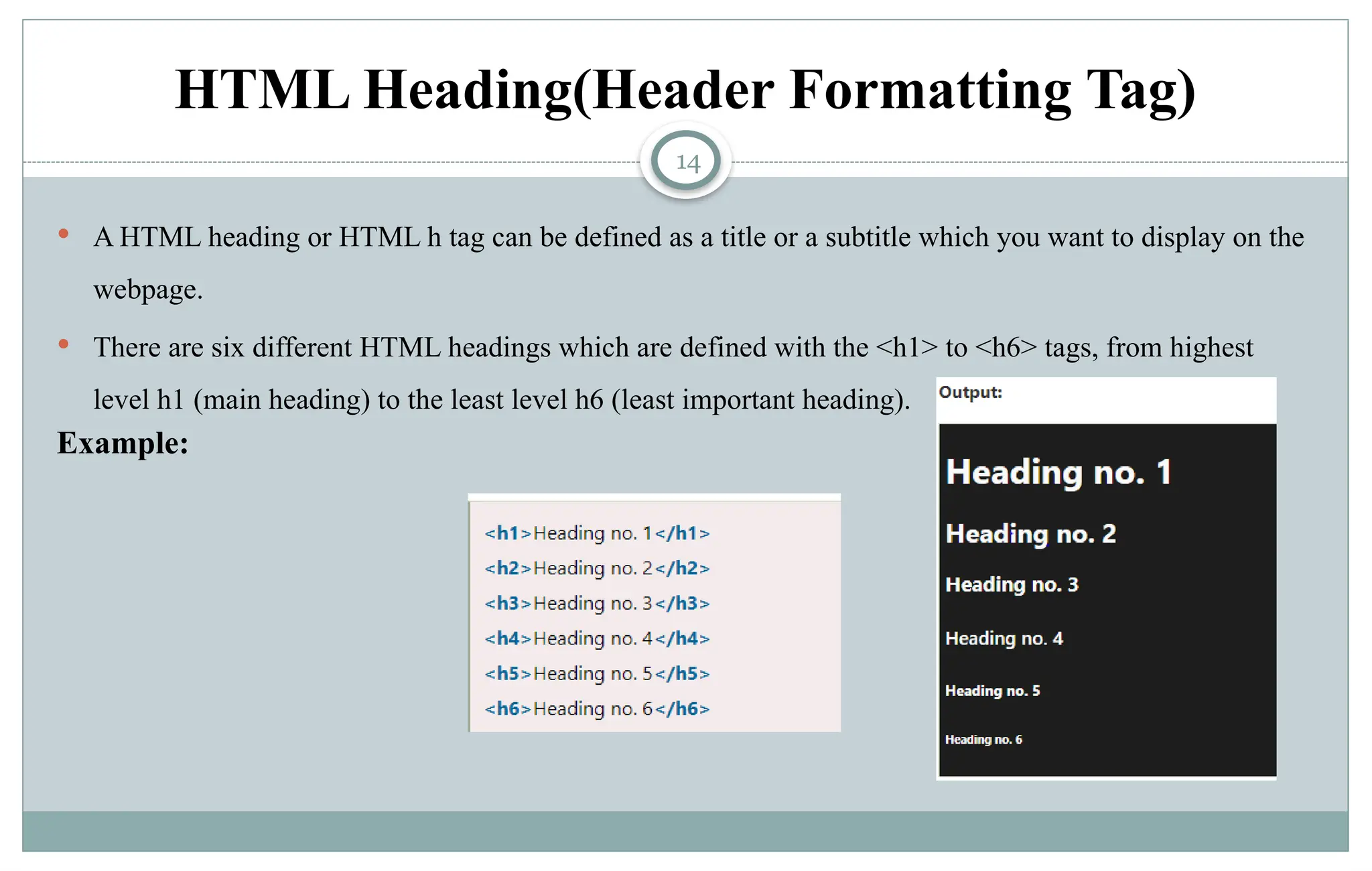 14
HTML Heading(Header Formatting Tag)
 A HTML heading or HTML h tag can be defined as a title or a subtitle which you want to display on the
webpage.
 There are six different HTML headings which are defined with the <h1> to <h6> tags, from highest
level h1 (main heading) to the least level h6 (least important heading).
Example:
 