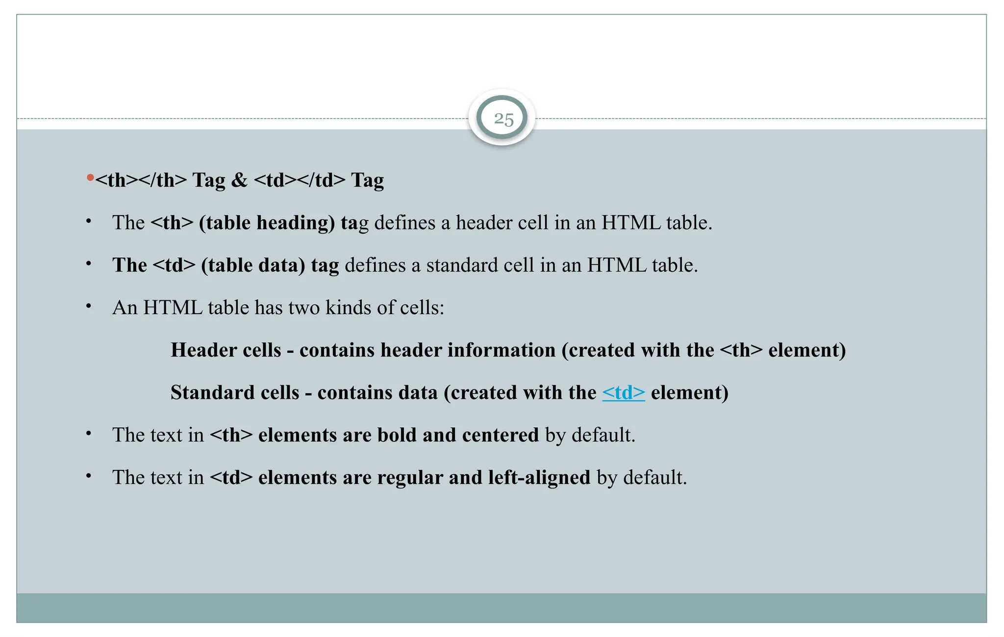 25
<th></th> Tag & <td></td> Tag
• The <th> (table heading) tag defines a header cell in an HTML table.
• The <td> (table data) tag defines a standard cell in an HTML table.
• An HTML table has two kinds of cells:
Header cells - contains header information (created with the <th> element)
Standard cells - contains data (created with the <td> element)
• The text in <th> elements are bold and centered by default.
• The text in <td> elements are regular and left-aligned by default.
 