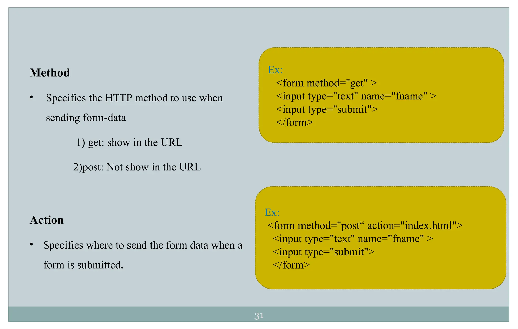 31
Method
• Specifies the HTTP method to use when
sending form-data
1) get: show in the URL
2)post: Not show in the URL
Action
• Specifies where to send the form data when a
form is submitted.
Ex:
<form method="get" >
<input type="text" name="fname" >
<input type="submit">
</form>
Ex:
<form method="post“ action="index.html">
<input type="text" name="fname" >
<input type="submit">
</form>
 