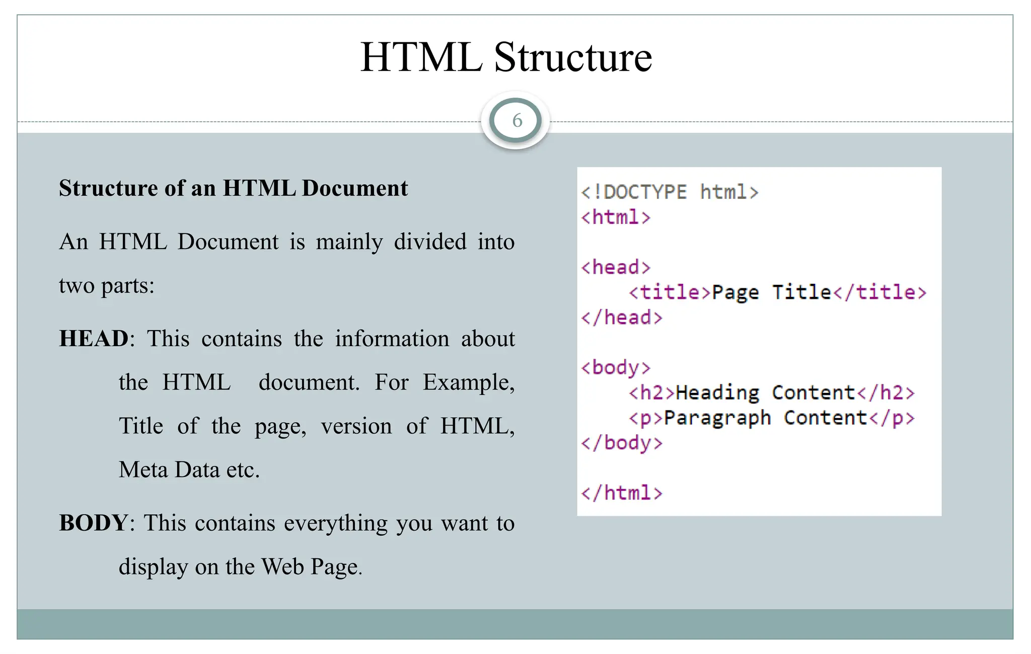 6
HTML Structure
Structure of an HTML Document
An HTML Document is mainly divided into
two parts:
HEAD: This contains the information about
the HTML document. For Example,
Title of the page, version of HTML,
Meta Data etc.
BODY: This contains everything you want to
display on the Web Page.
 